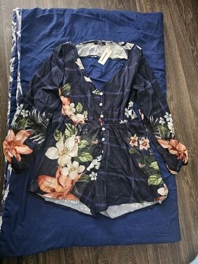 Women’s Navy Floral Button-Front Romper